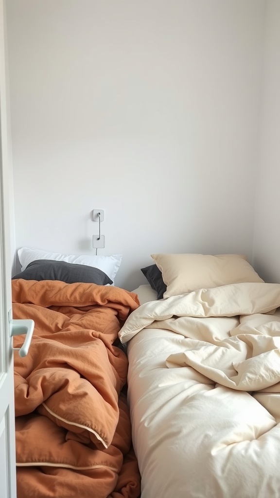 A cozy shared bedroom featuring layered bedding in warm and light colors.