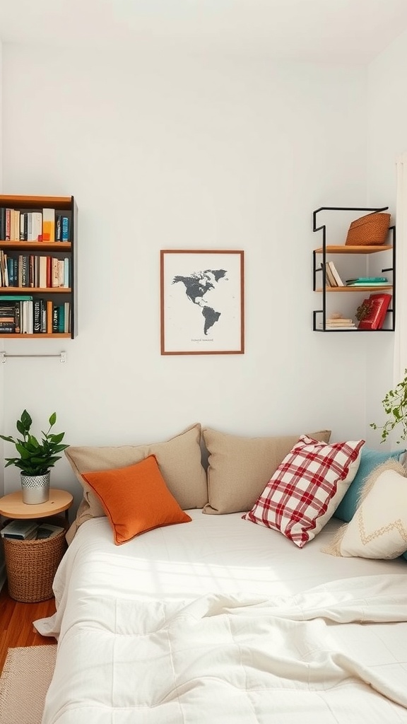 Cozy shared reading nook with cushions, bookshelves, and plants