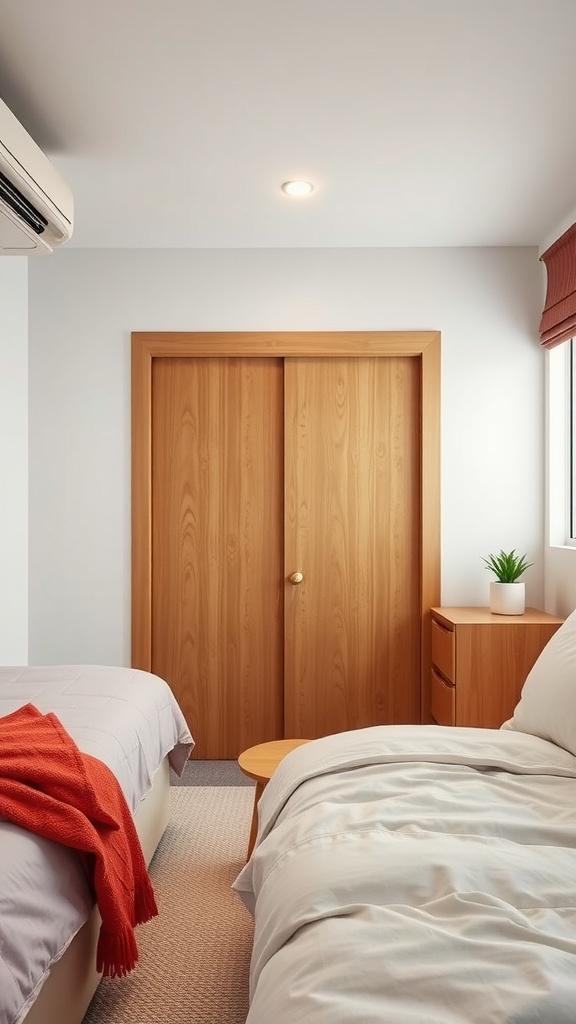 A small shared bedroom featuring two beds and a sliding door closet.