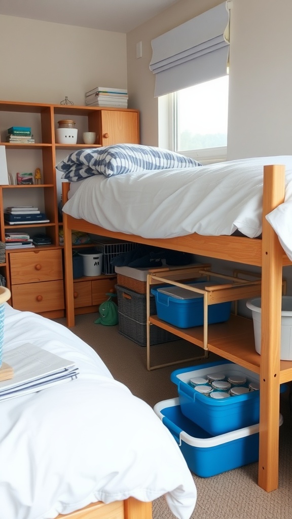 A shared bedroom with a bunk bed, showcasing under-bed storage solutions with colorful bins and a shelving unit.