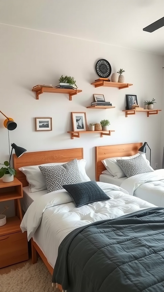 Shared bedroom with two beds and wooden shelves as nightstand alternatives