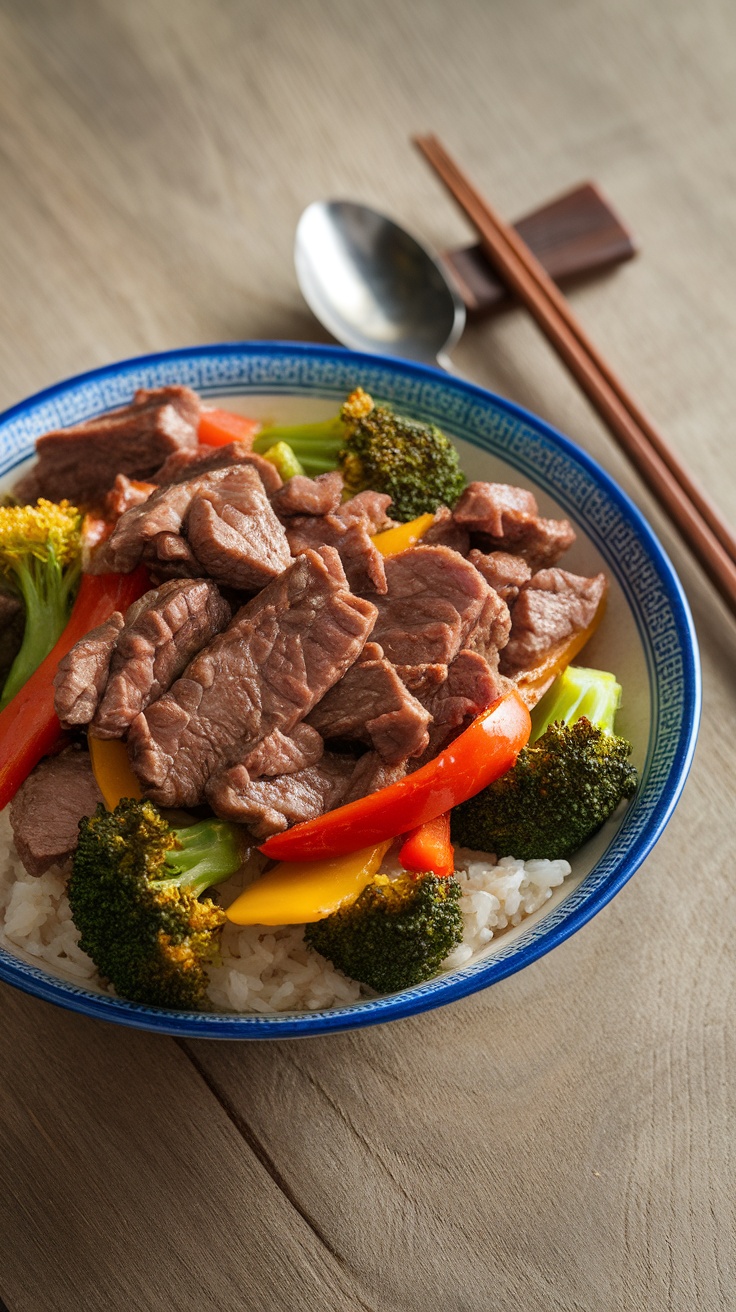 A colorful bowl of beef stir-fry with broccoli and bell peppers served over rice.