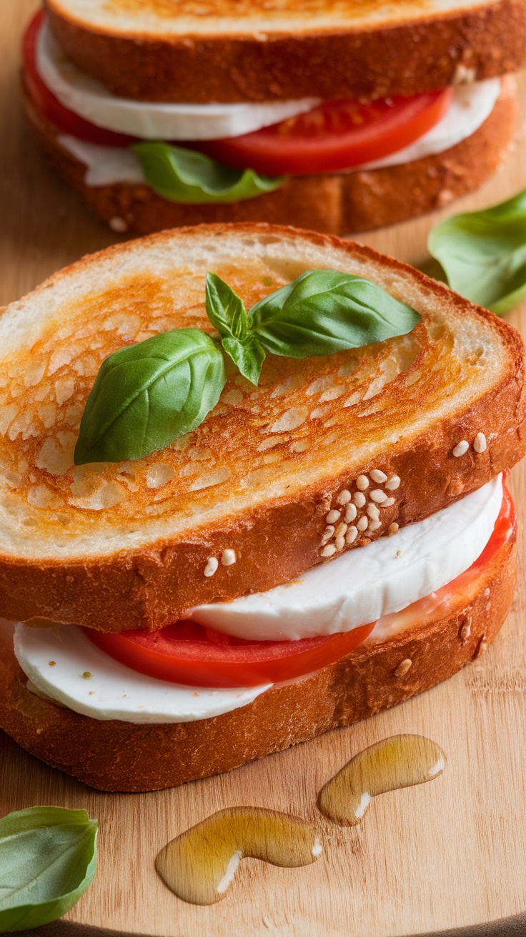 A delicious Caprese Grilled Cheese Sandwich with layers of mozzarella, tomatoes, and basil.