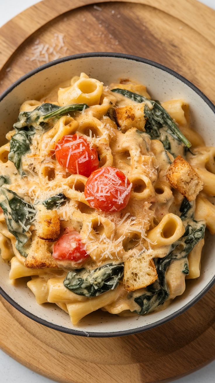 A bowl of creamy spinach and tomato pasta topped with croutons and cheese.