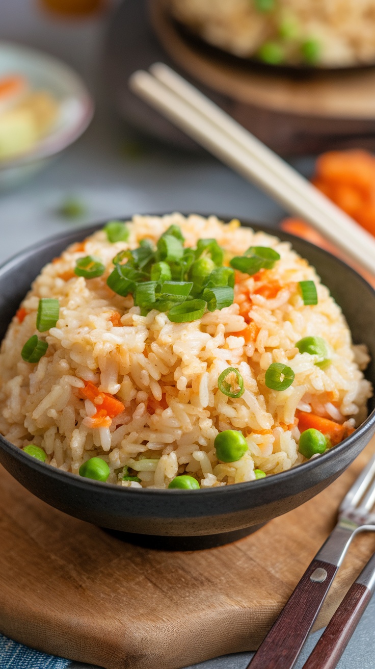 A bowl of egg fried rice with peas and carrots topped with green onions.