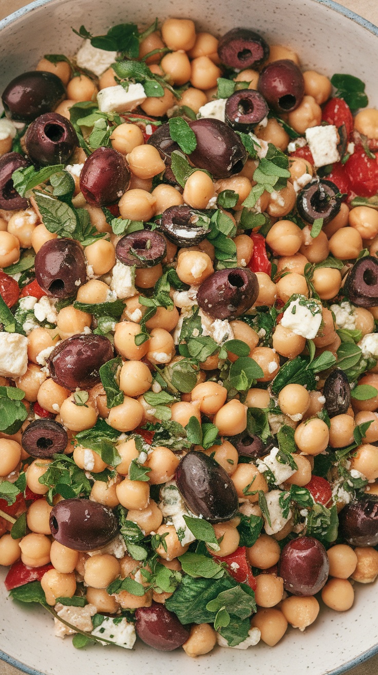 A vibrant bowl of Mediterranean Chickpea Salad filled with chickpeas, olives, feta cheese, and fresh herbs.