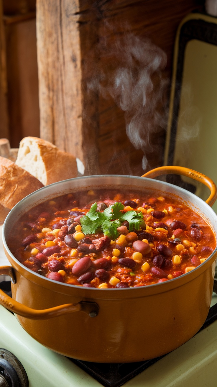 A bowl of one-pot chili with beans and corn, garnished with cilantro.