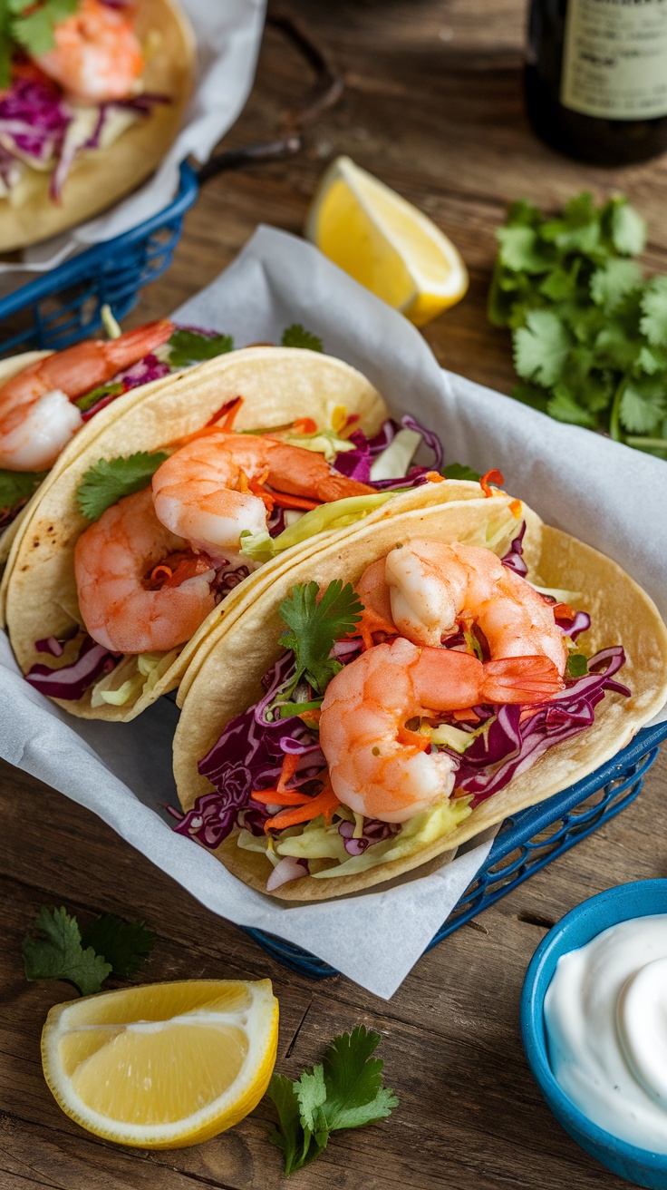 Shrimp tacos with cabbage slaw on a wooden table