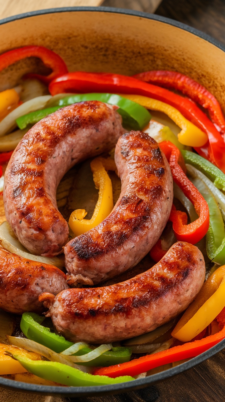 A skillet with cooked sausages and colorful bell peppers