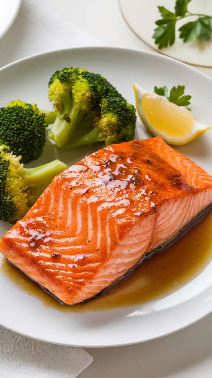 Teriyaki salmon fillet with steamed broccoli and lemon wedges