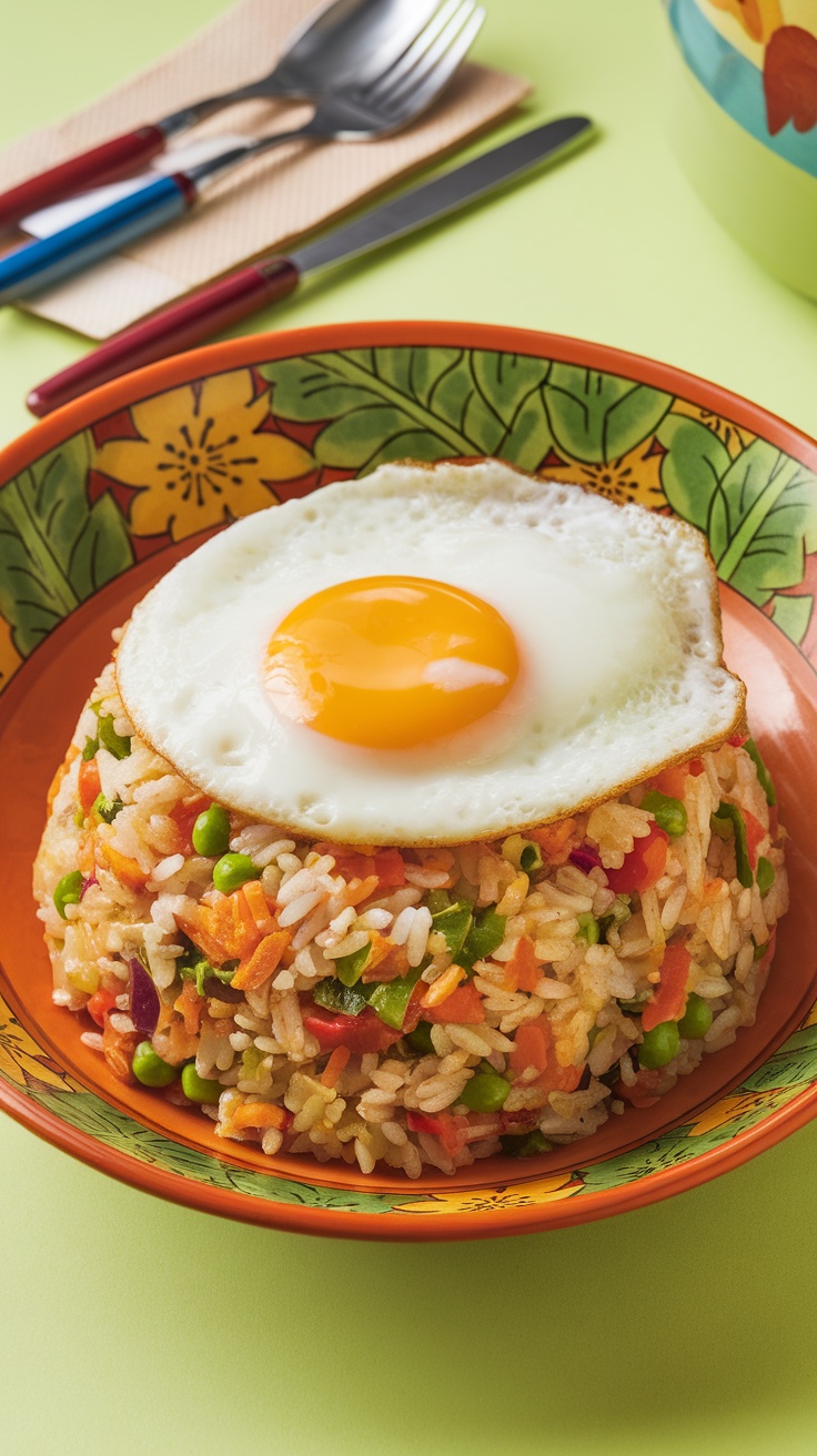 A colorful bowl of vegetable fried rice topped with a fried egg.