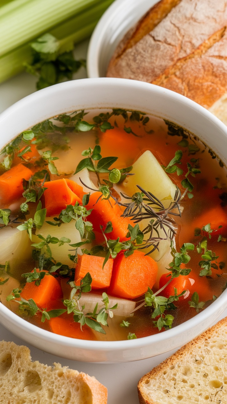 A bowl of vegetable soup with carrots, potatoes, and fresh herbs, served with bread.