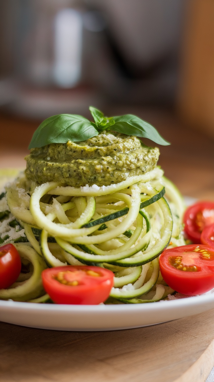 A plate of zucchini noodles topped with pesto and cherry tomatoes, garnished with a basil leaf.