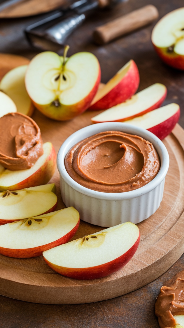 Apple slices arranged with almond butter in a small dish