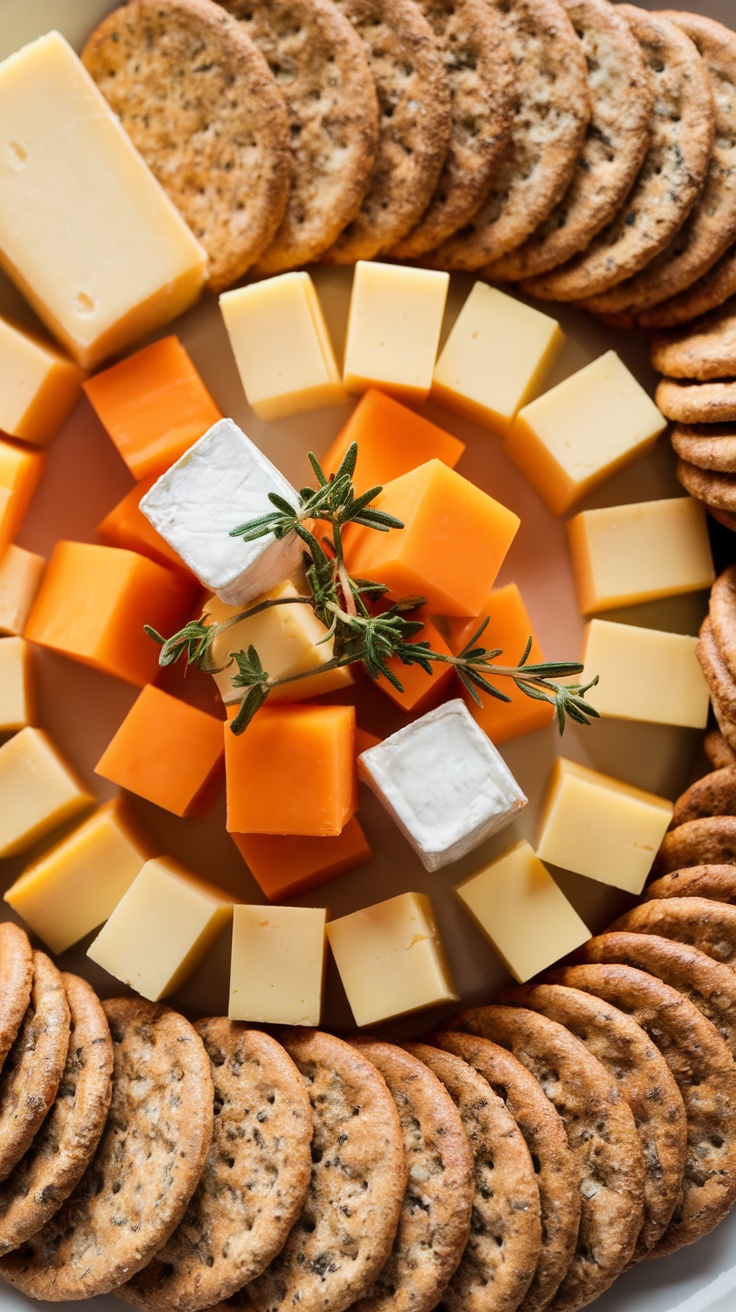 A plate with various cheese cubes and whole grain crackers arranged beautifully.