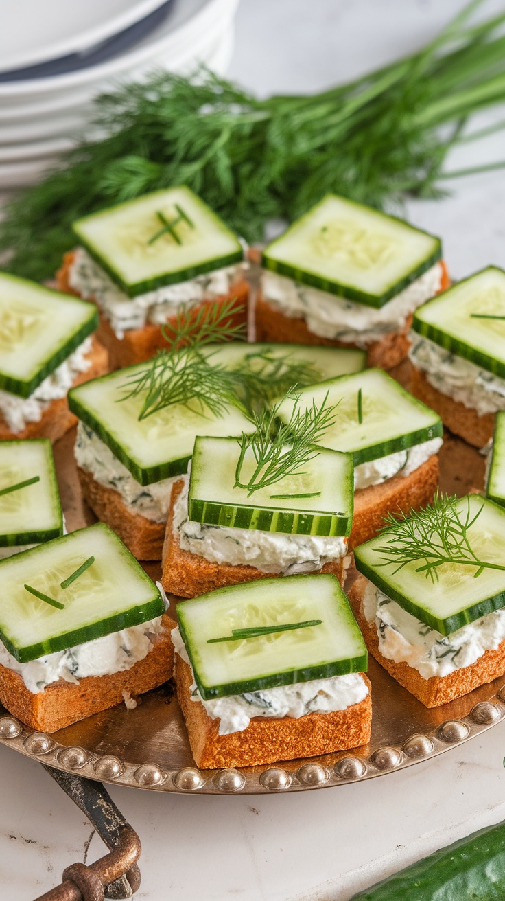 Cucumber sandwiches with cream cheese on a plate.