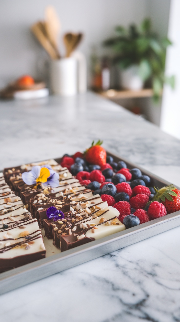 A colorful frozen yogurt bark topped with berries and nuts.