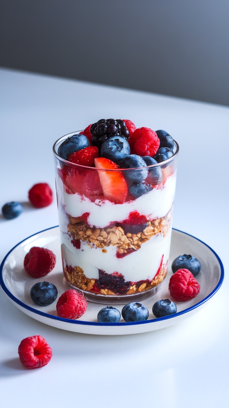 A delicious fruit and yogurt parfait with layers of yogurt, granola, and mixed berries.