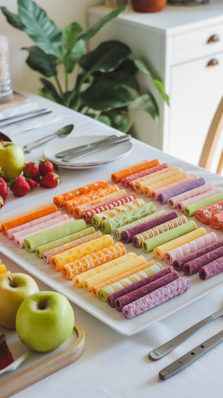 Colorful homemade fruit roll-ups displayed on a platter.