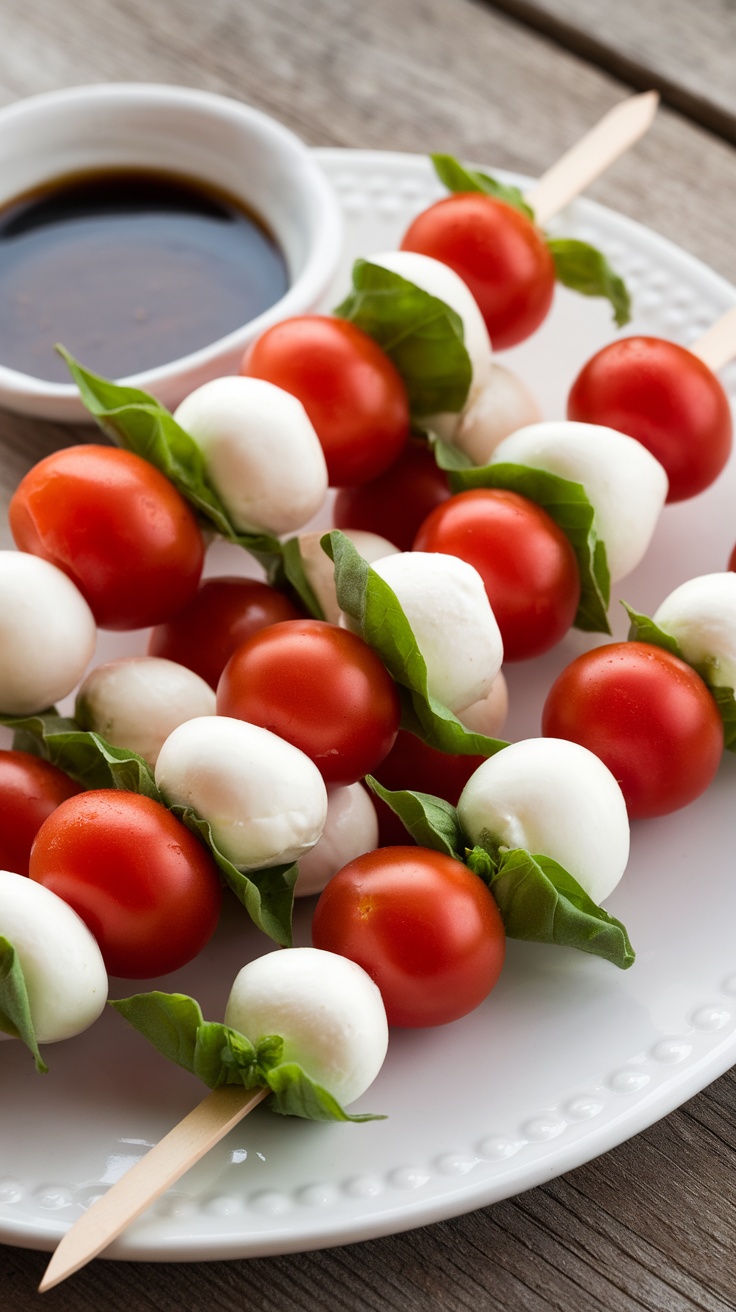 Mini Caprese Skewers with cherry tomatoes, mozzarella, and basil on wooden skewers.