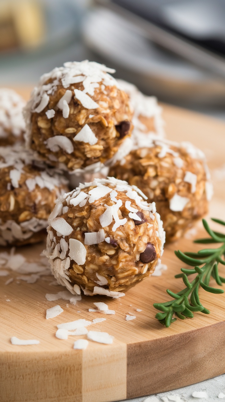 A close-up of oatmeal energy balls rolled in shredded coconut, displayed on a wooden surface.