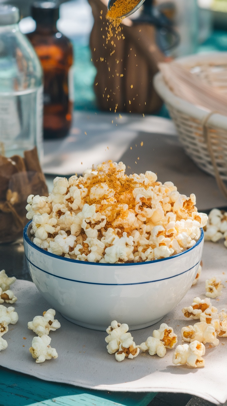 Bowl of popcorn seasoned with nutritional yeast on a table.