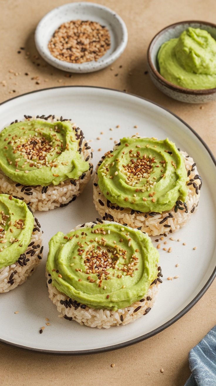 Healthy rice cakes topped with creamy avocado spread and sprinkled with sesame seeds