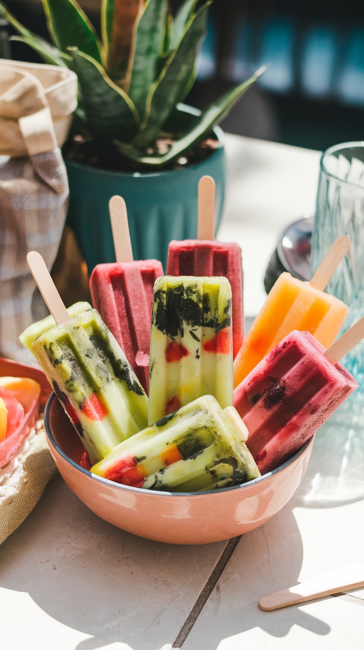 Colorful smoothie popsicles made with spinach and fruits