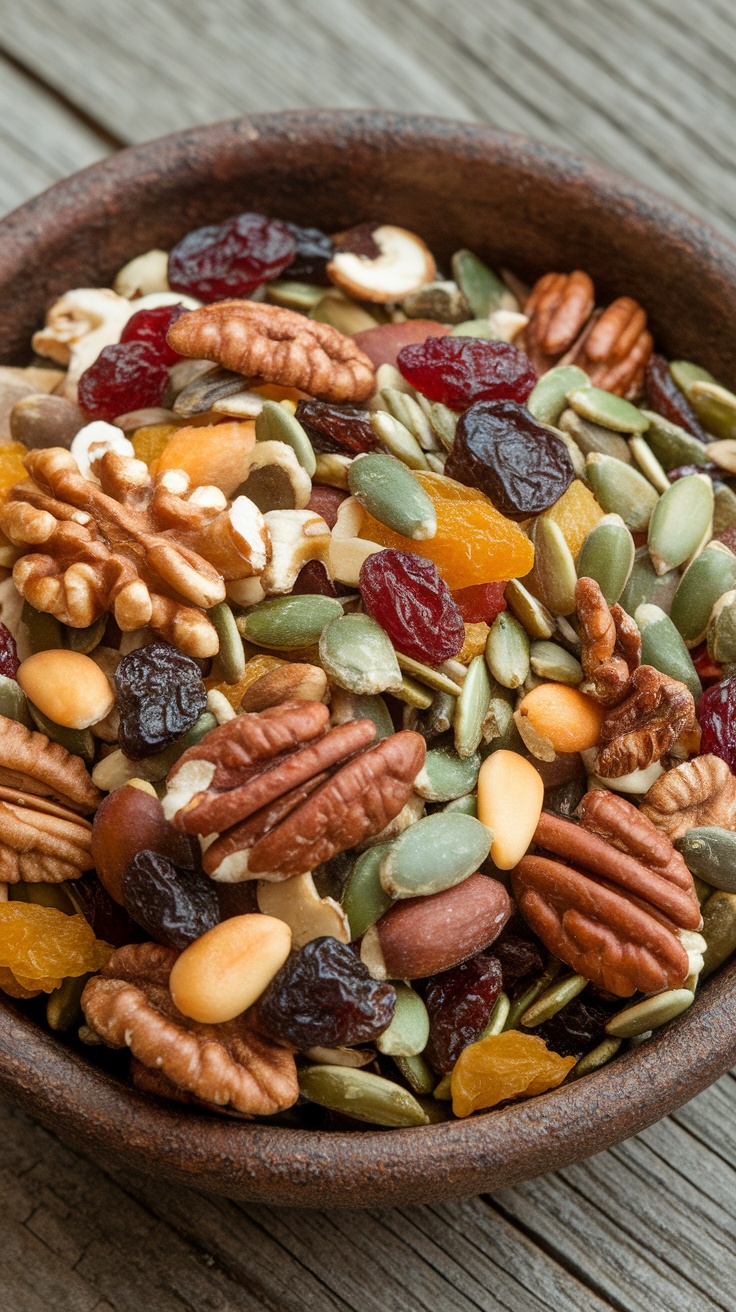 A bowl of trail mix with nuts and dried fruit.