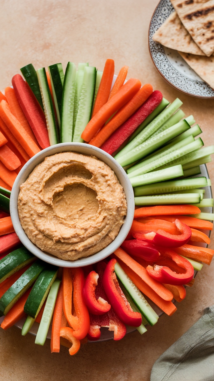 Colorful veggie sticks served with hummus