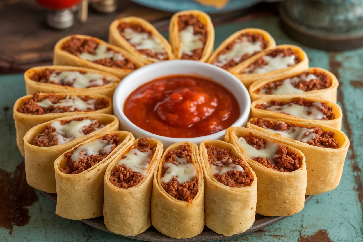 Plate of beef and cheese taco roll-ups served with salsa.