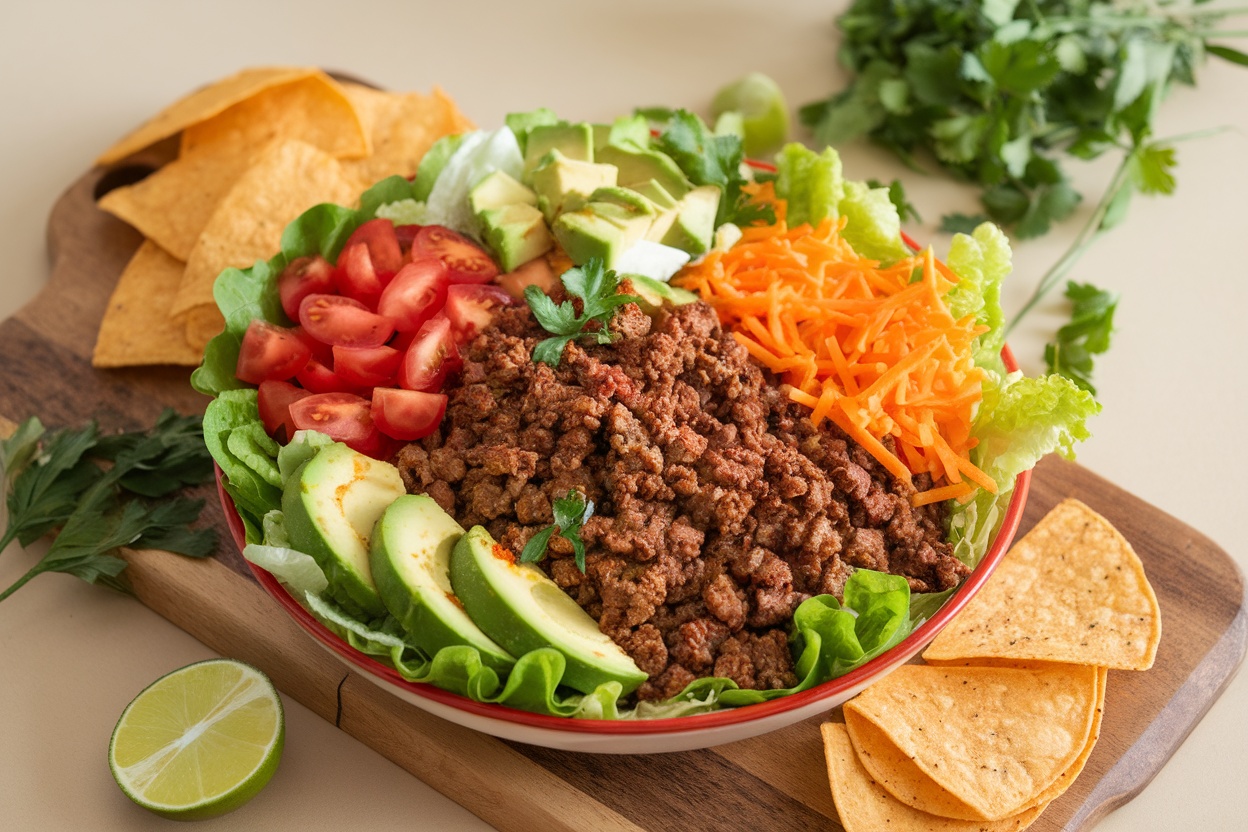 A colorful beef taco salad bowl with lettuce, tomatoes, avocado, and shredded carrots, served with tortilla chips.