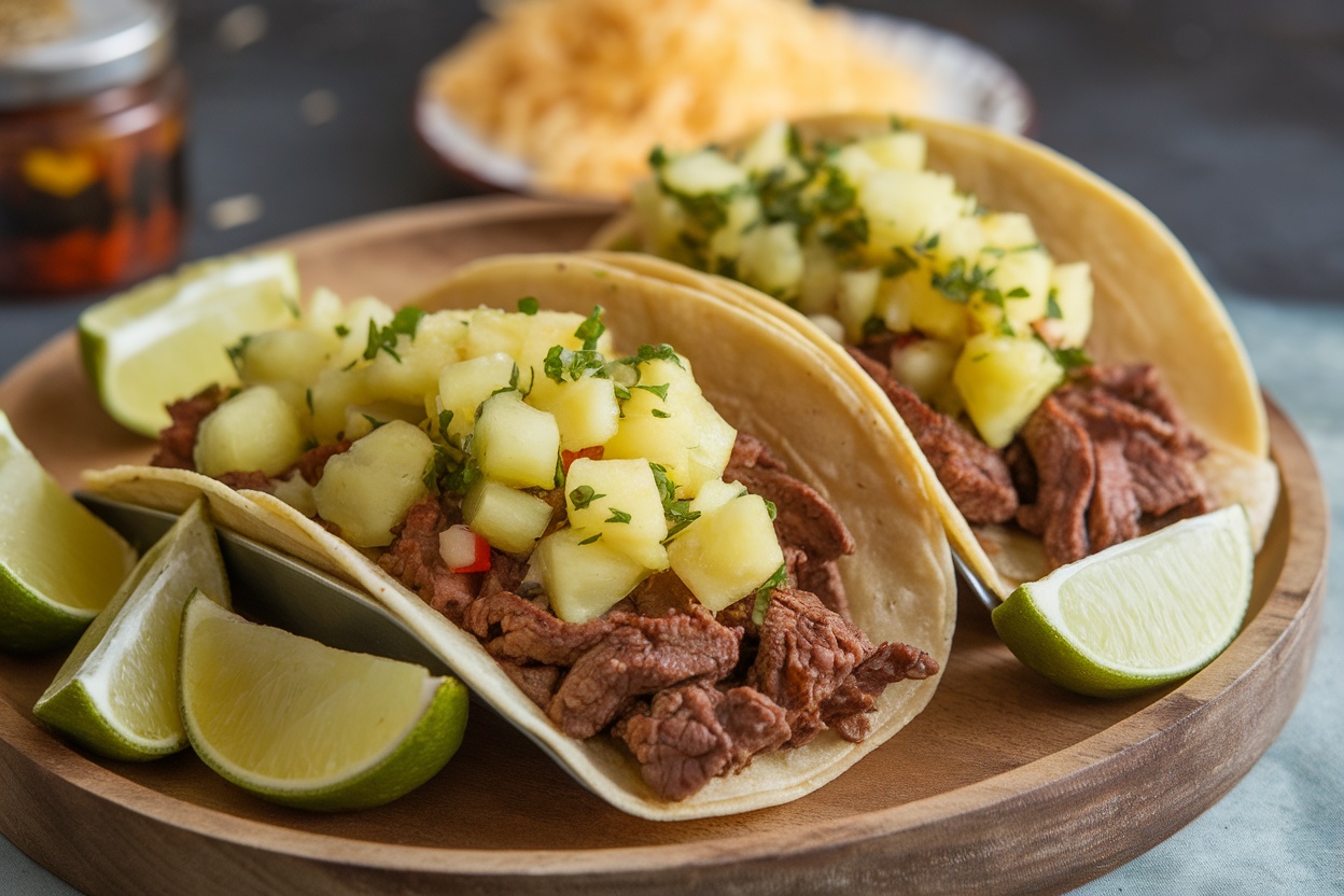 Beef tacos topped with pineapple salsa and lime wedges on a wooden plate.