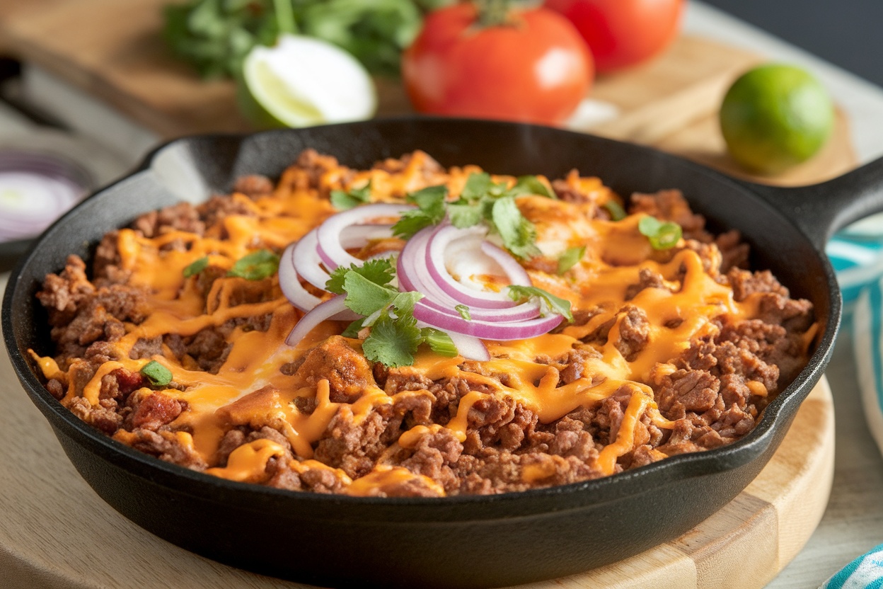 A cheesy beef taco skillet topped with onions and cilantro.