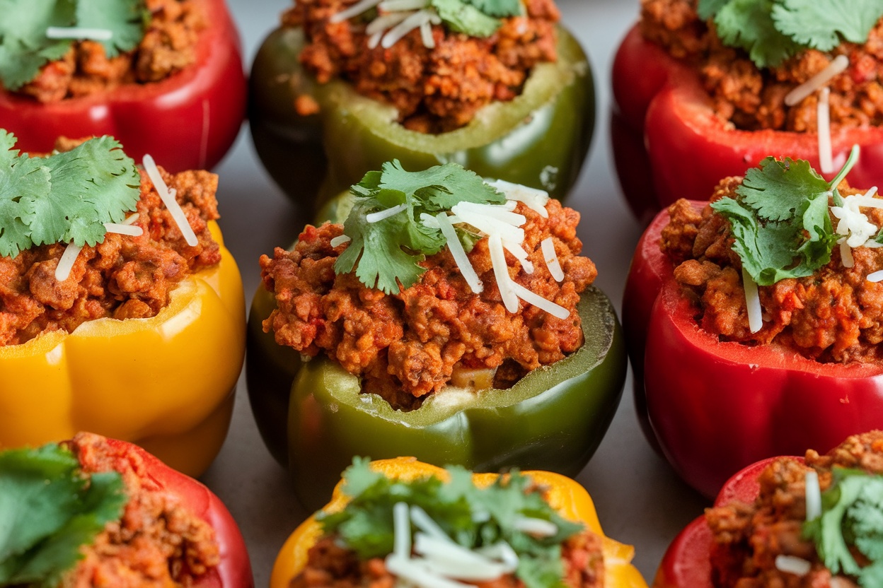 Colorful bell peppers stuffed with spicy ground beef filling, topped with cheese and cilantro.