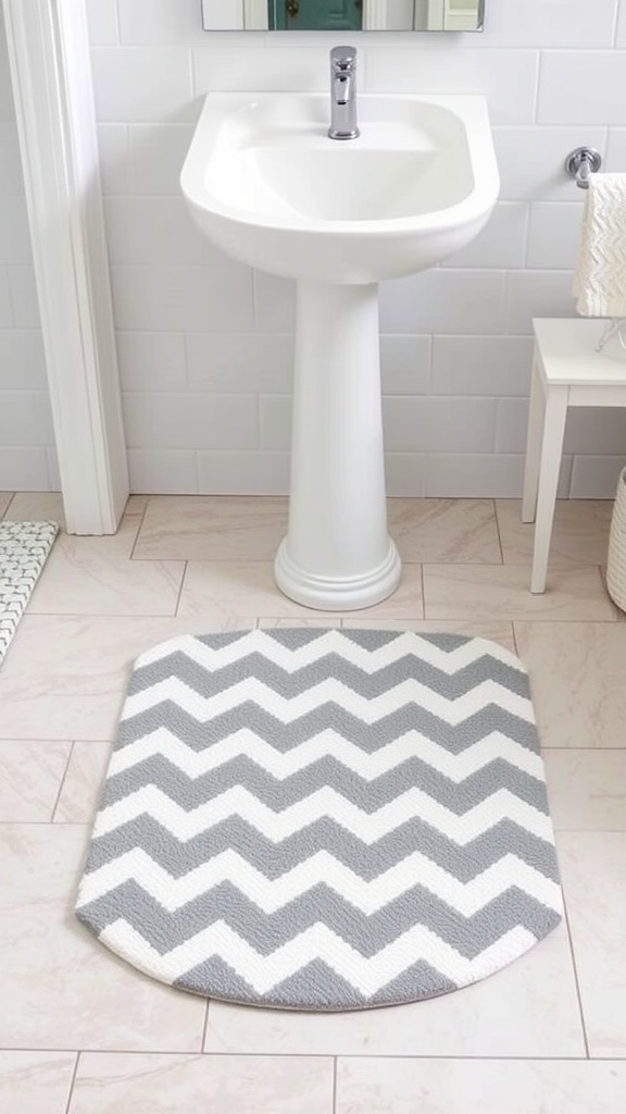 Chevron accent rug in gray and white placed in a stylish bathroom.