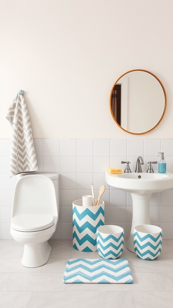 A stylish bathroom featuring chevron pattern accessories in turquoise with a towel, bins, and a bath mat.