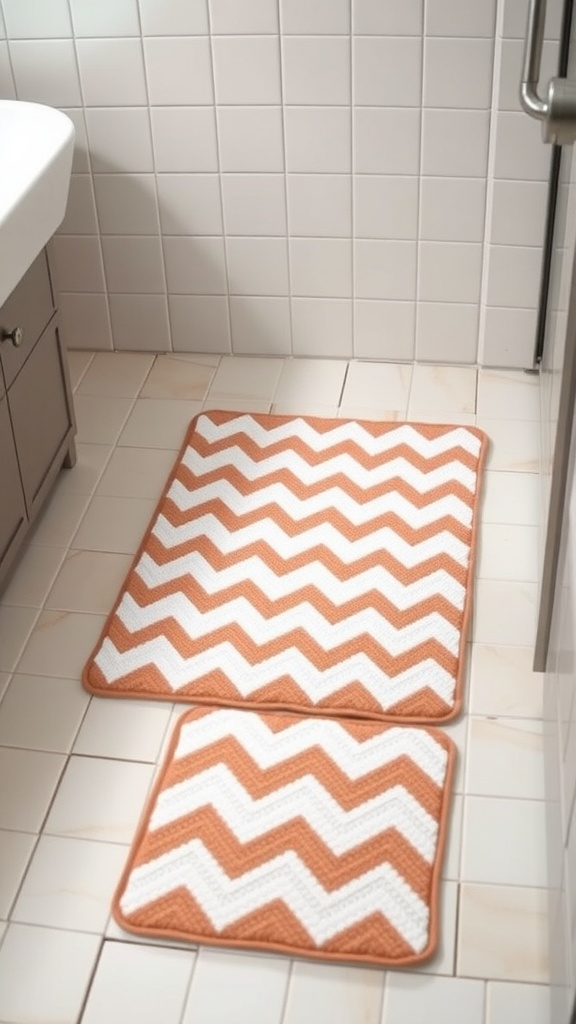 Two chevron bath mats in orange and white on a tiled bathroom floor
