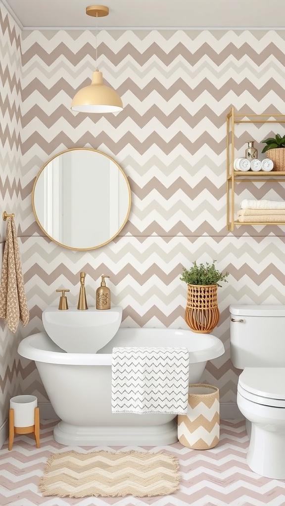A stylish kid's bathroom featuring chevron wallpaper, accessories, and decor.