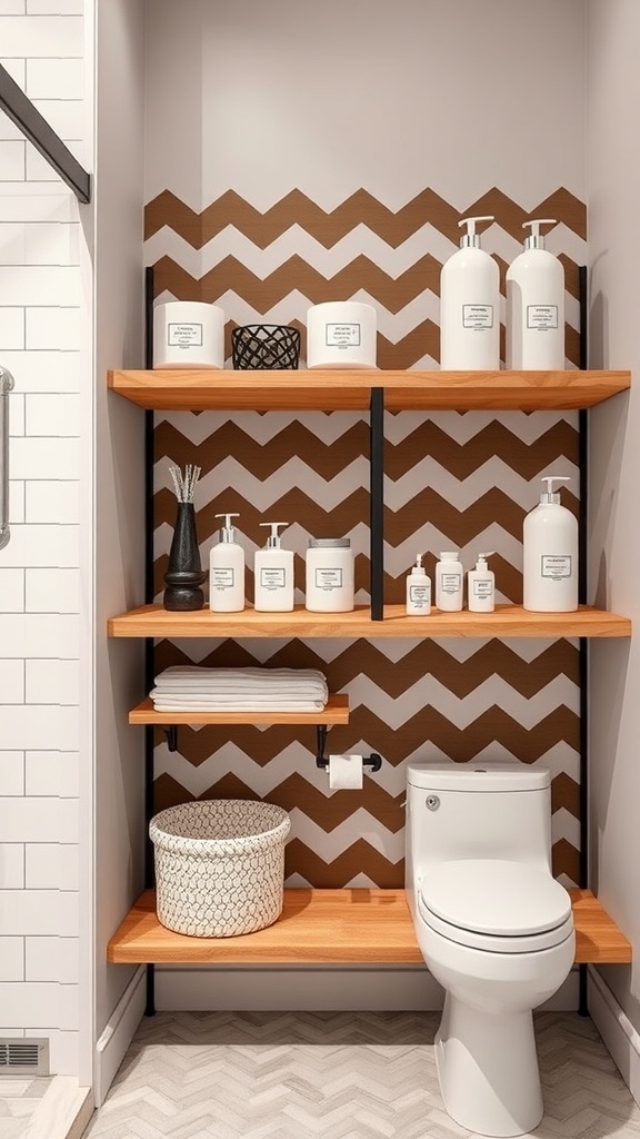 Chevron pattern bathroom wall with wooden shelves and bathroom accessories