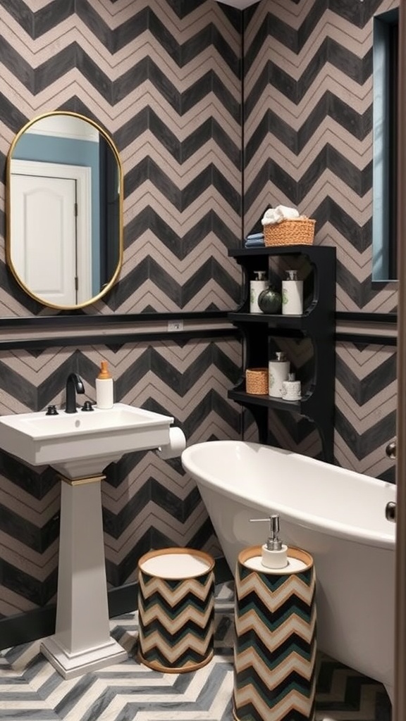 A stylish bathroom featuring chevron patterns on the walls and accessories, including a freestanding bathtub and unique chevron stools.
