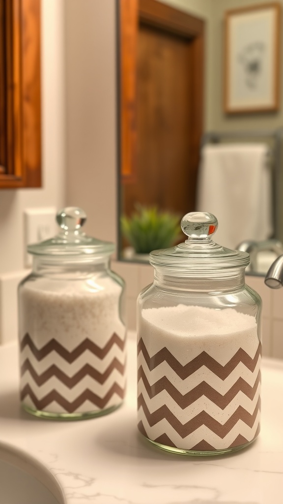 Two glass jars filled with bath salts featuring a brown and white chevron pattern, set against a bathroom counter.