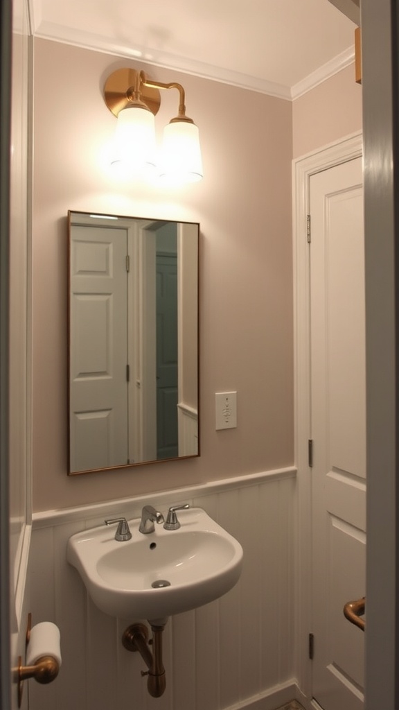 A bathroom with stylish chevron-inspired lighting fixtures and a modern sink.