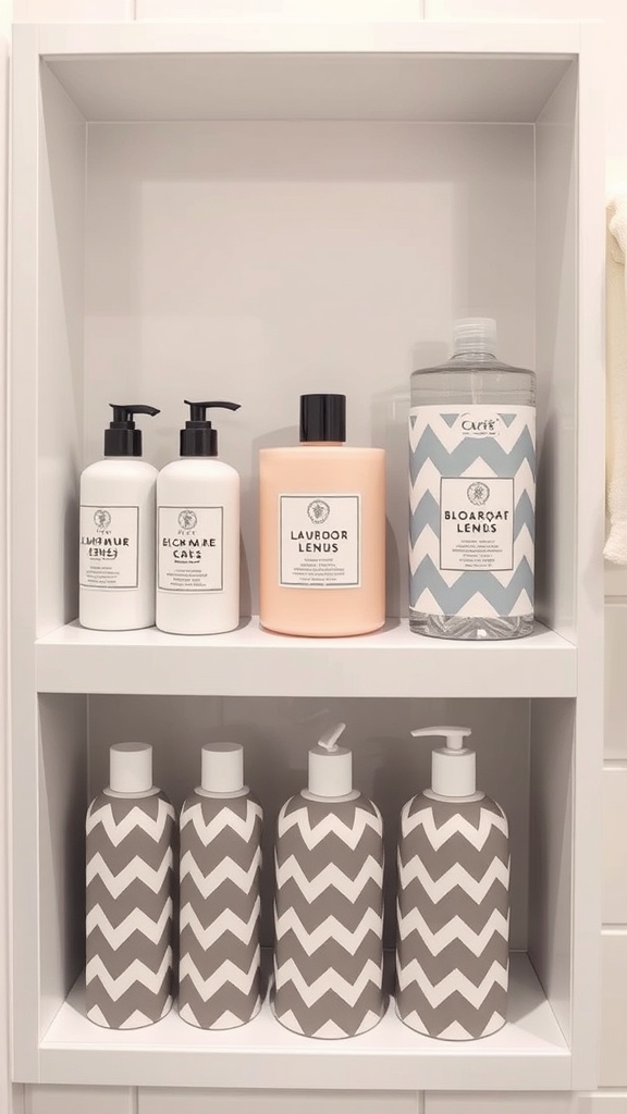 Chevron patterned bathing products displayed on bathroom shelves