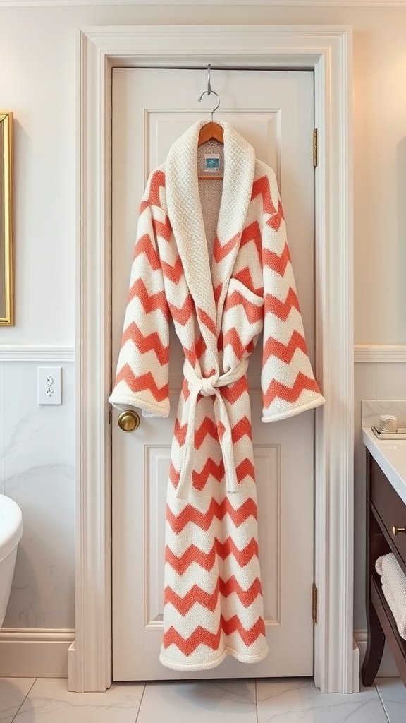 Chevron patterned bathrobe hanging on a door in a stylish bathroom