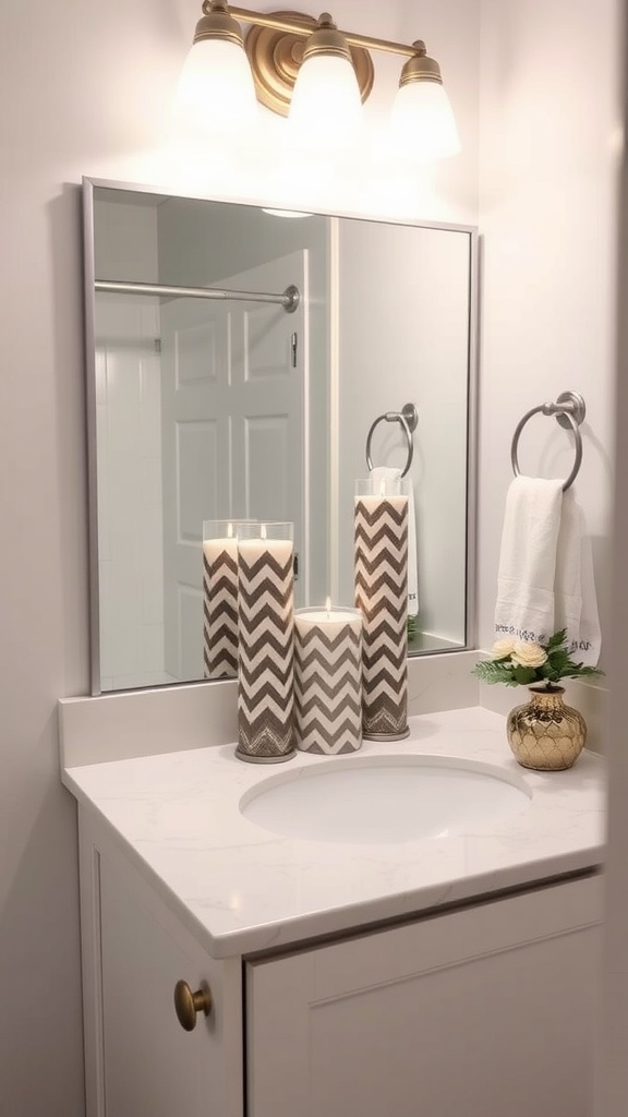 Chevron patterned candles on a bathroom countertop.