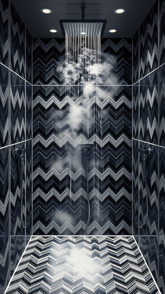A modern shower with chevron patterned tiles in black and gray, featuring an overhead shower head and steam.