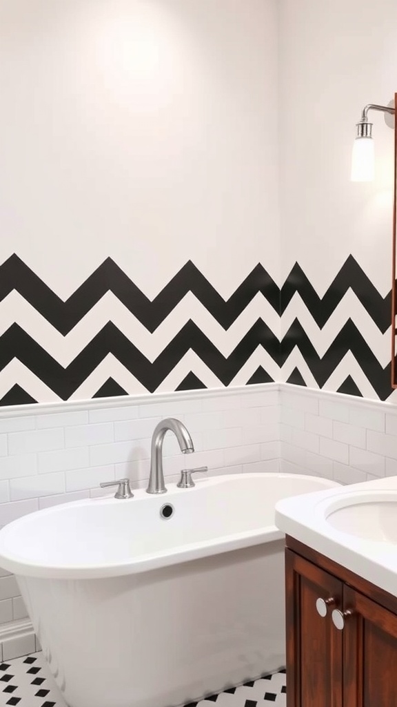 Bathroom with black and white chevron patterned wall decals