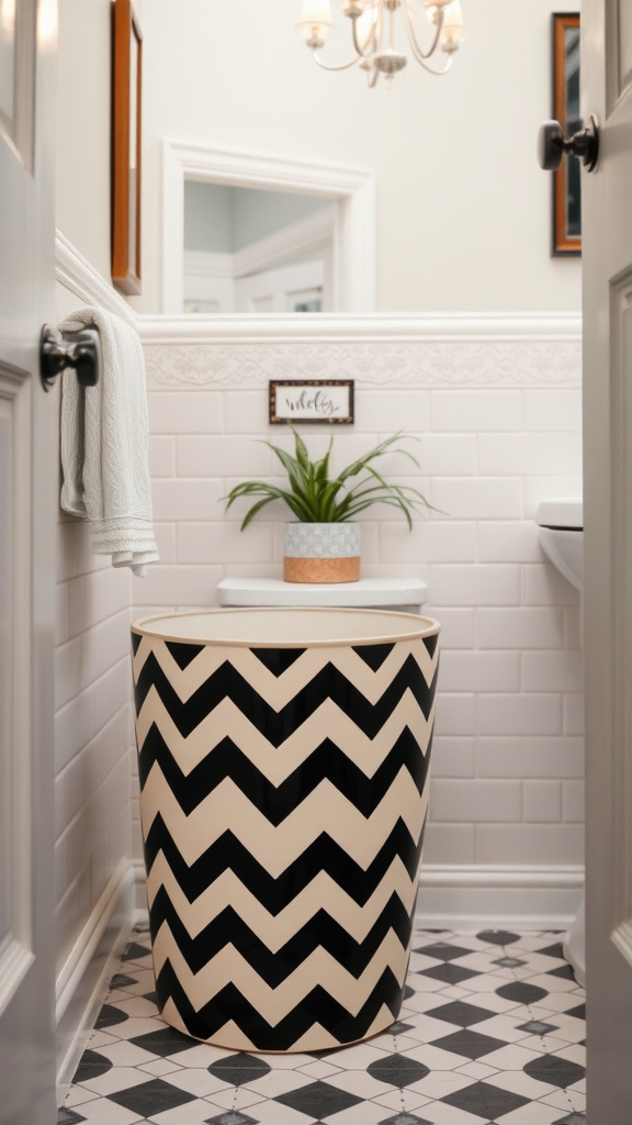 Chevron patterned waste basket in a stylish bathroom