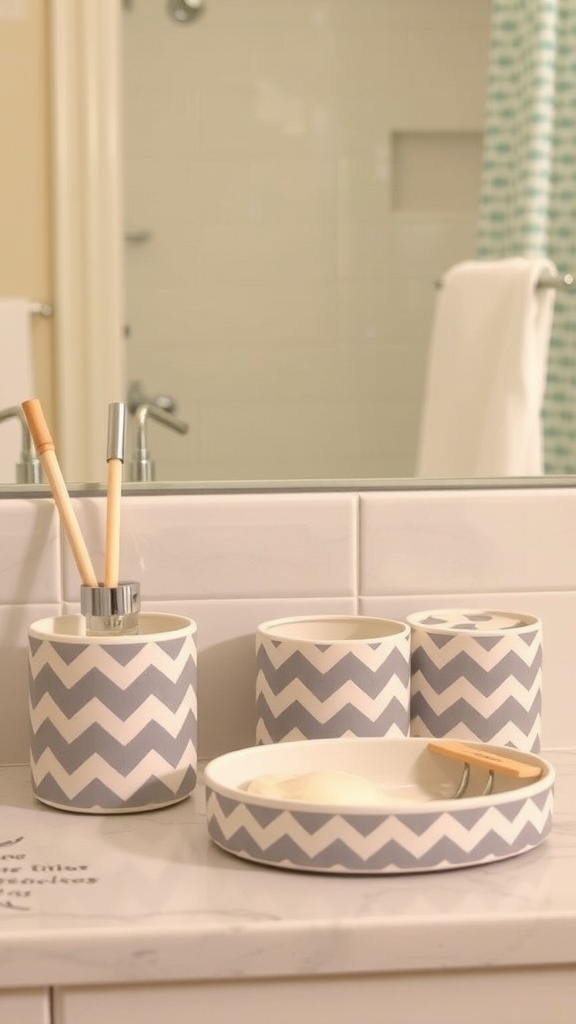 Chevron print bathroom accessories set including holders and a tray